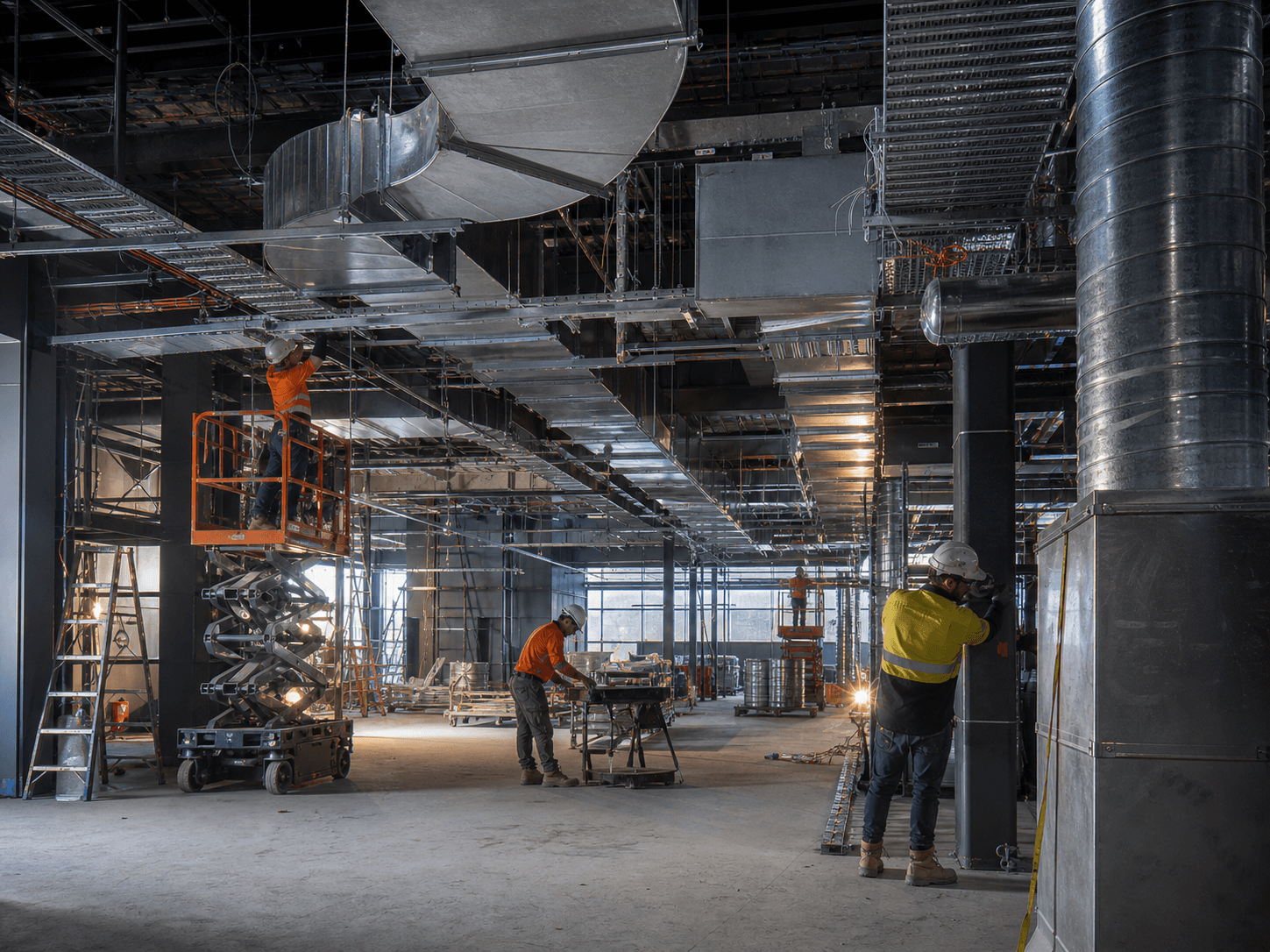 Trades coordinating ductwork on a busy commercial construction site